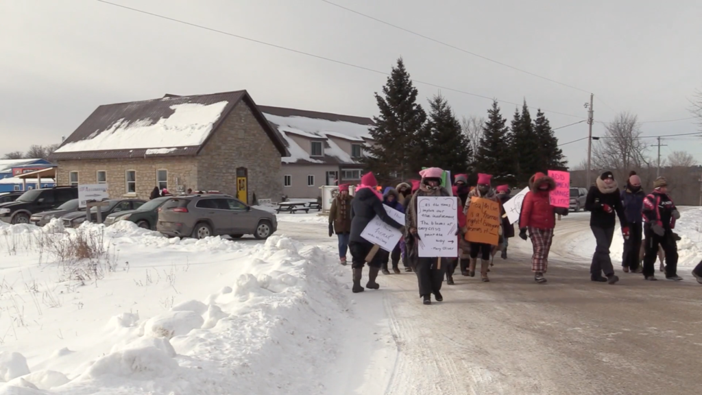 A group marching outside with signs in the winter.